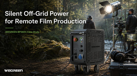 WEGREEN BP360C portable power station supporting professional film lighting on a remote outdoor production set