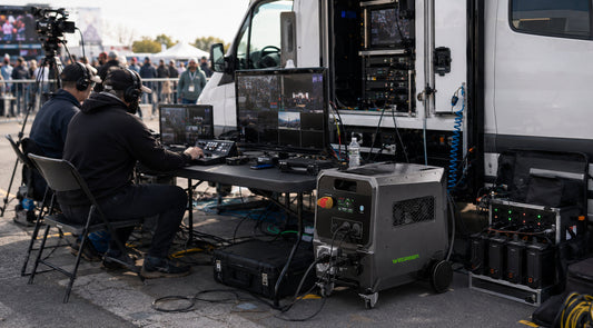 WEGREEN BP360G portable power station supporting a mobile broadcast van and live production equipment at an outdoor event