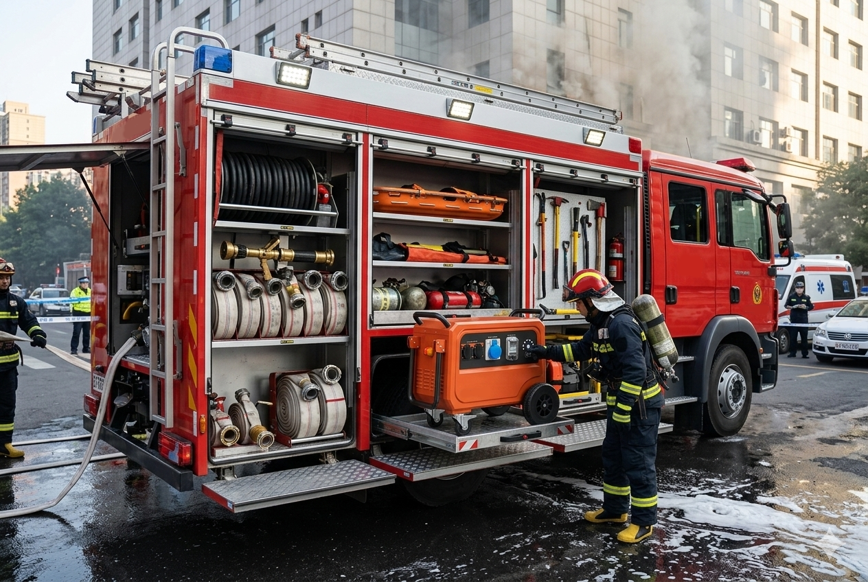 Portable power station deployed on a fire truck for emergency response, providing rapid, silent and zero-emission power in critical situations