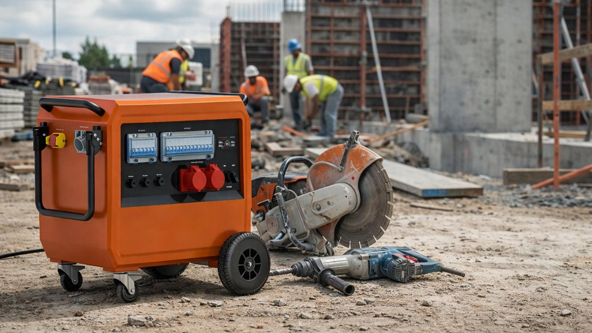 Industrial portable power station replacing a generator on a construction site, delivering silent and zero-emission power