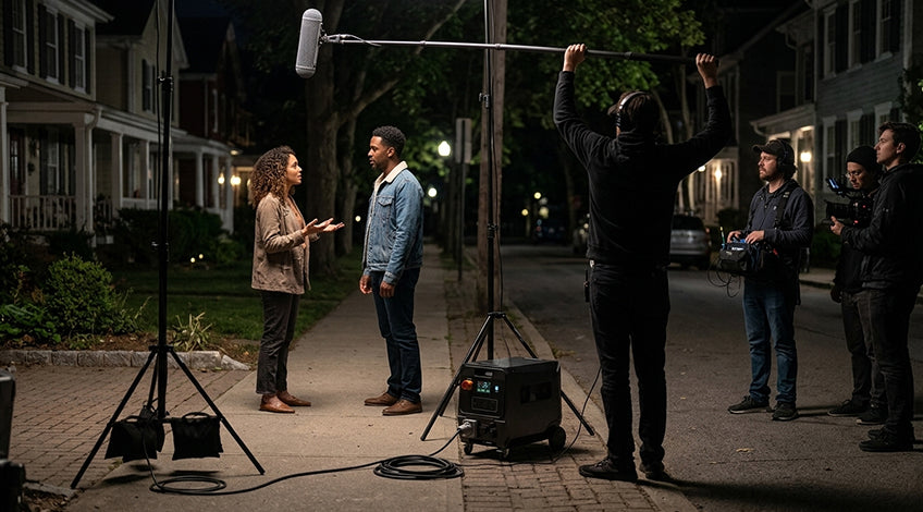 Silent portable power operating on a film set without interfering with microphones or on-set audio recording