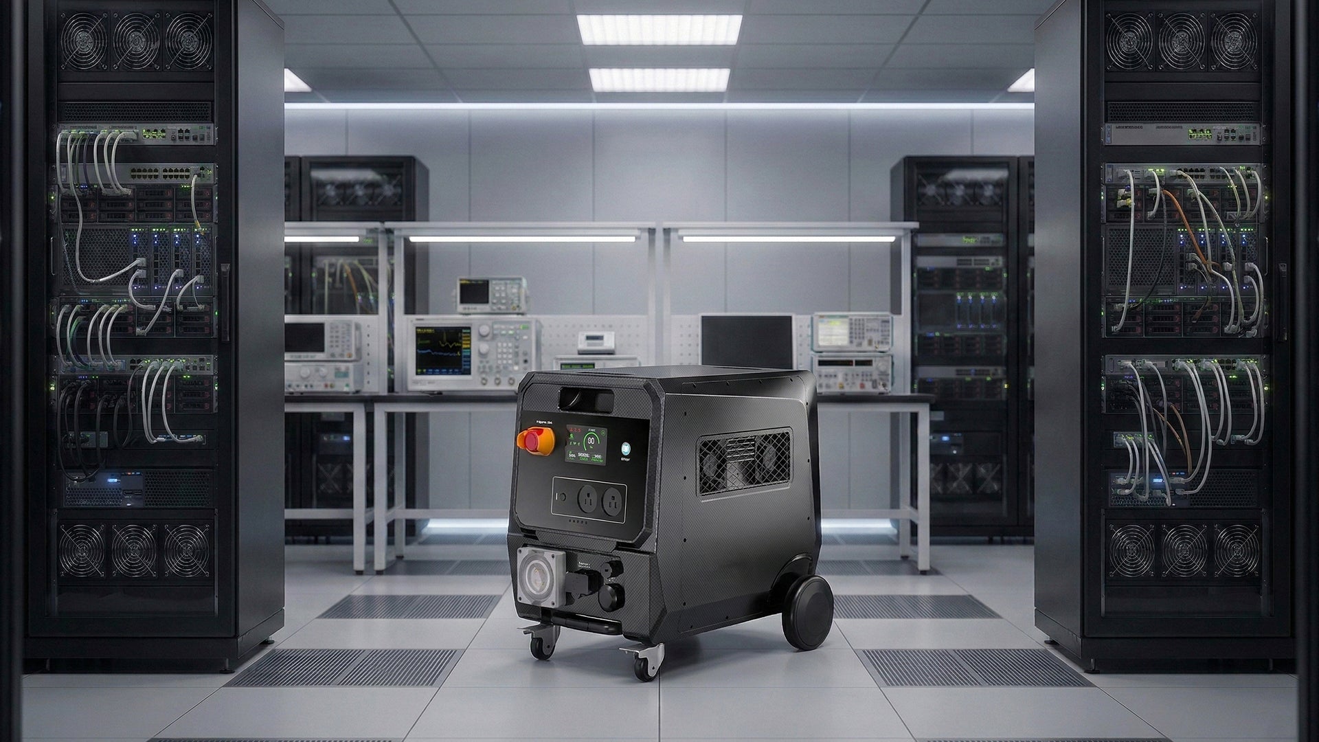 Standby uninterruptible power supply protecting business-critical servers and laboratory equipment with seamless UPS-level switching