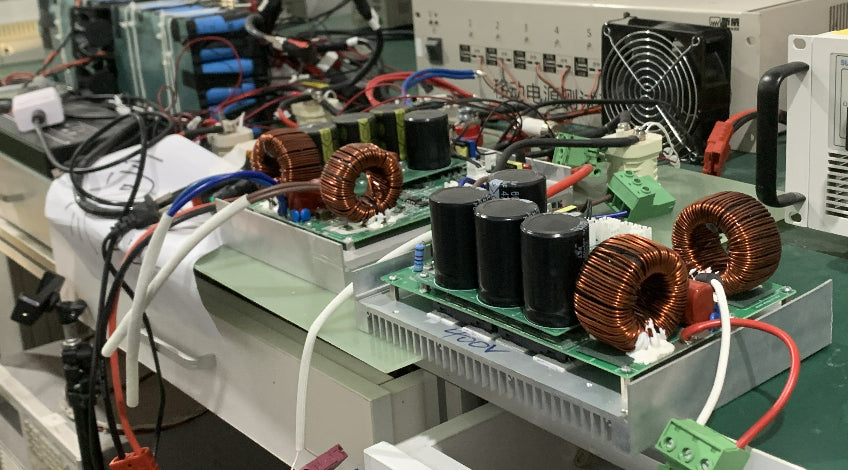 Professional power system architecture managing inductive load kickback, synchronized with BMS to maintain pure sine wave stability during extreme operations